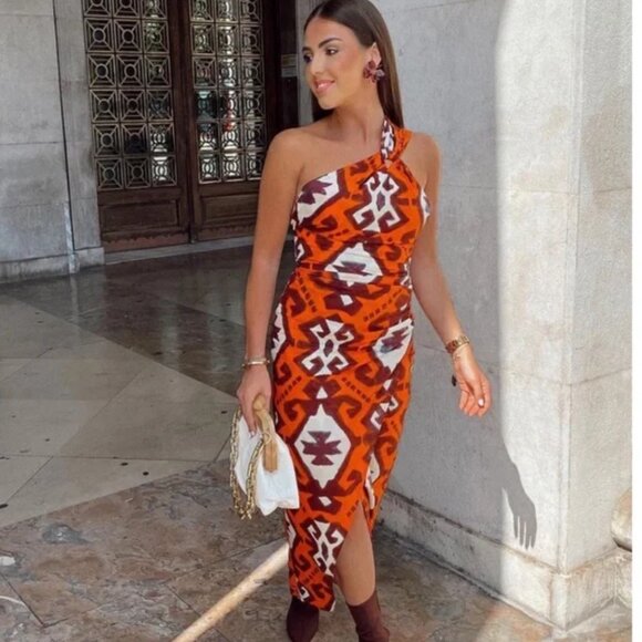 NWOT ZARA MULTICOLOURED PRINTED DRESS WITH ASYMMETRIC HEM Orange - Picture 5 of 13